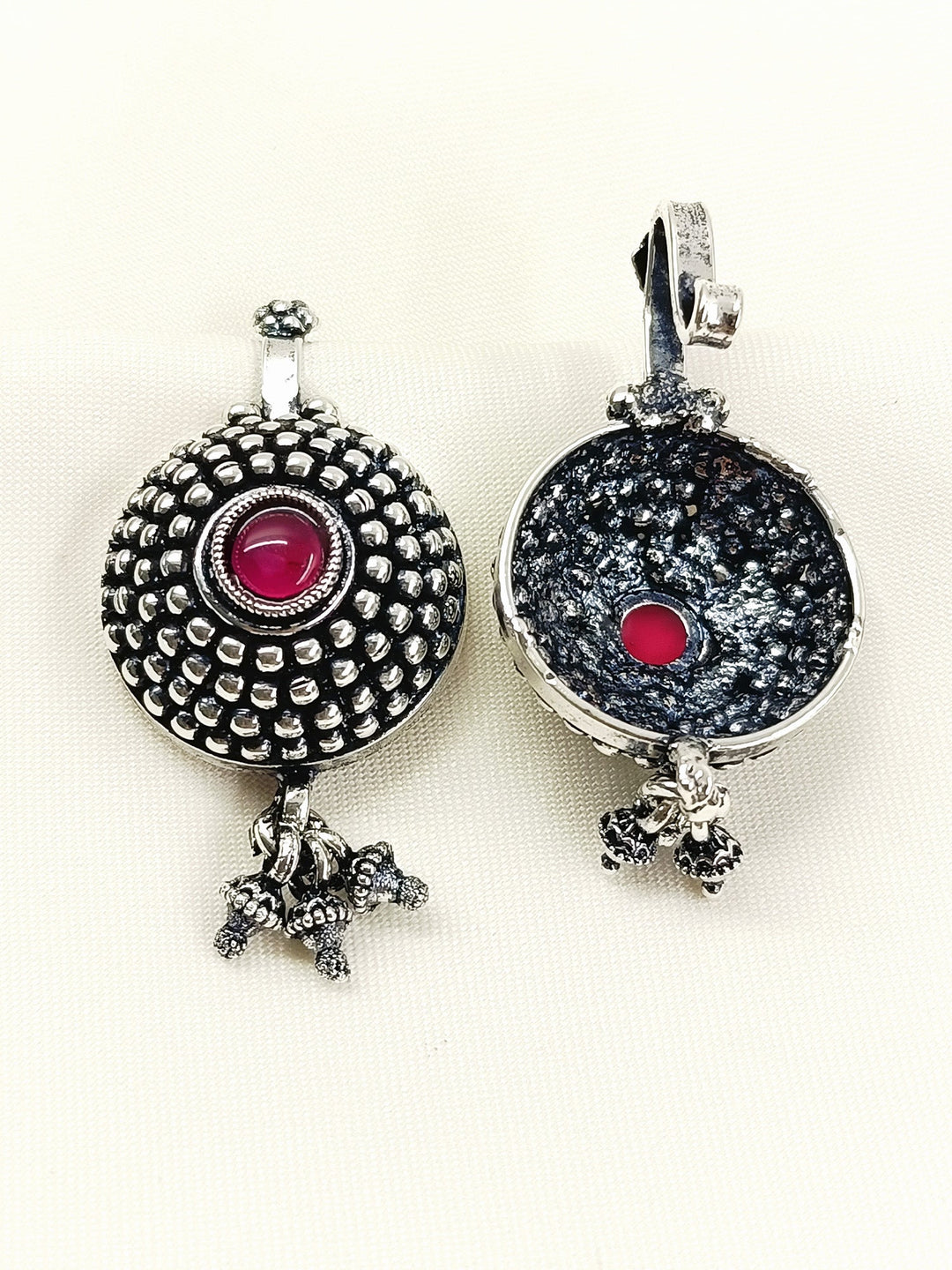 Nomad Oxidized Tribal Sunburst Ear Cuff with Ruby Pink Stone & Ghungroo