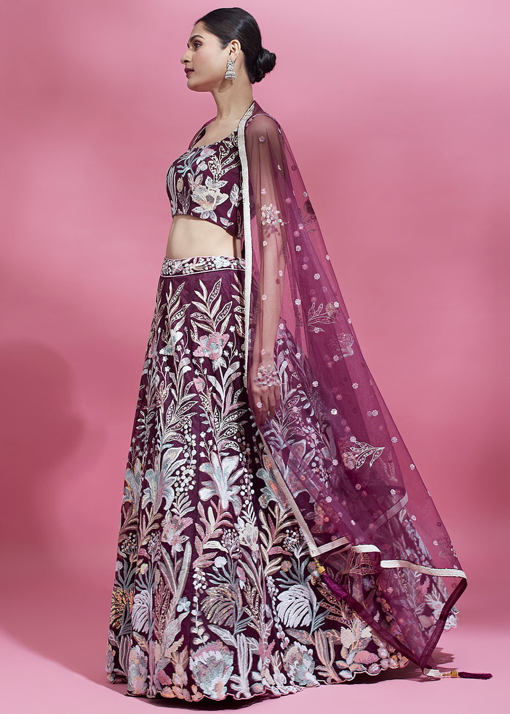 Byzantine Purple Net Lehenga Choli Adorned with Thread Embroidery and Sequins