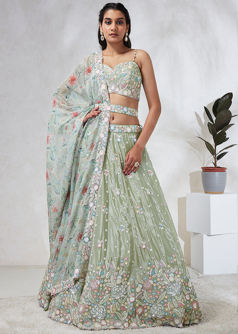 Sage Green Silk Chiffon Lehenga Choli Adorned with Sequins & Thread Embroidery