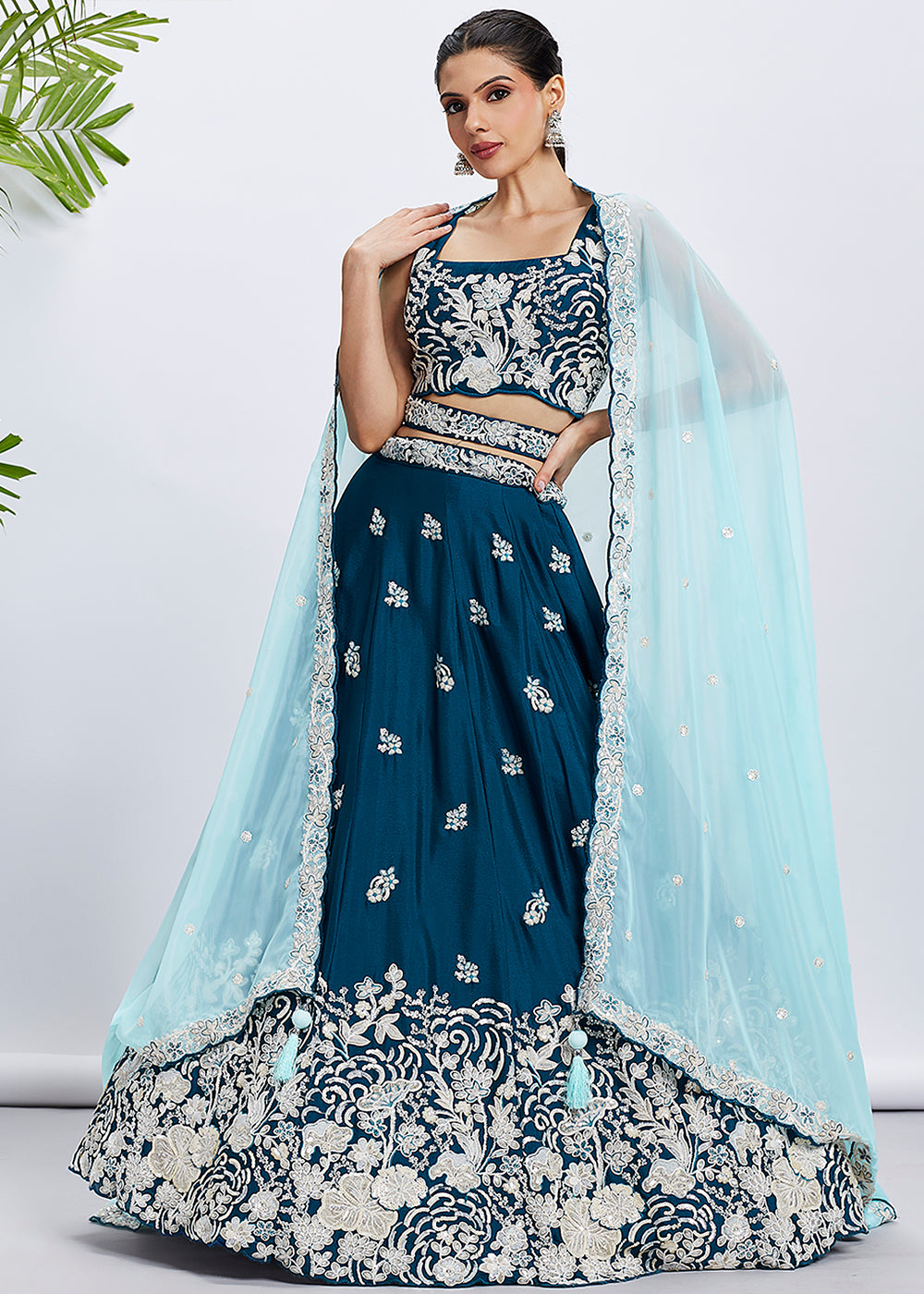 Teal Blue Georgette Lehenga Choli Adorned with Sequins & Thread Embroidery