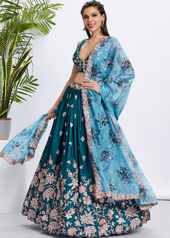 Dark Teal Blue Georgette Lehenga Choli Highlighted with Sequins & Thread Embroidery