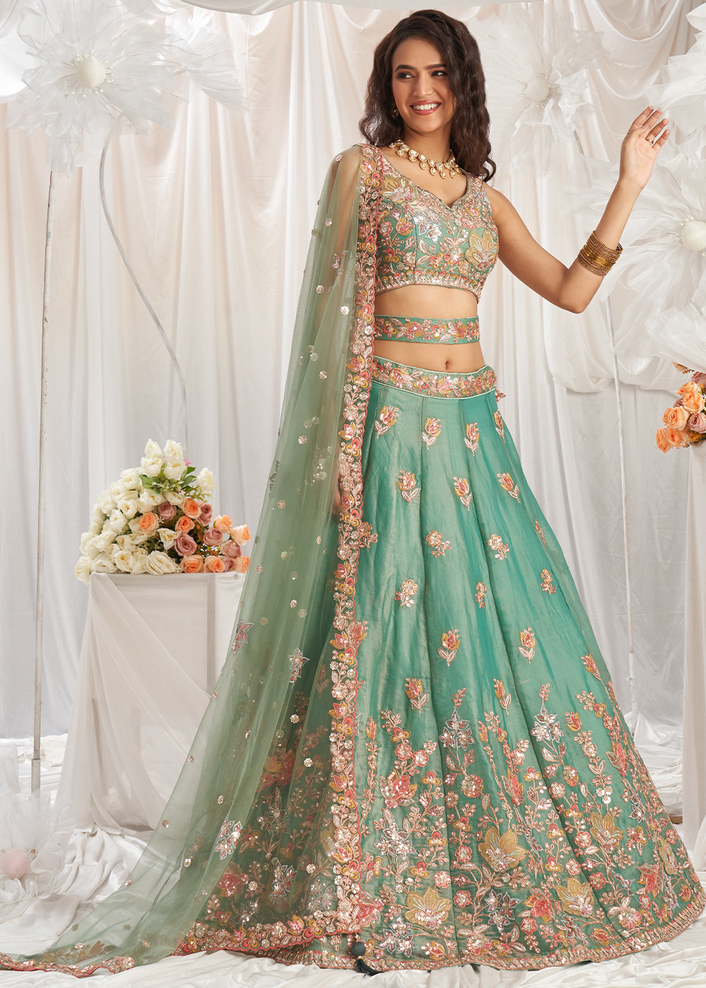 Apple Green organza Lehenga Choli Adorned with Sequins Embroidery Work