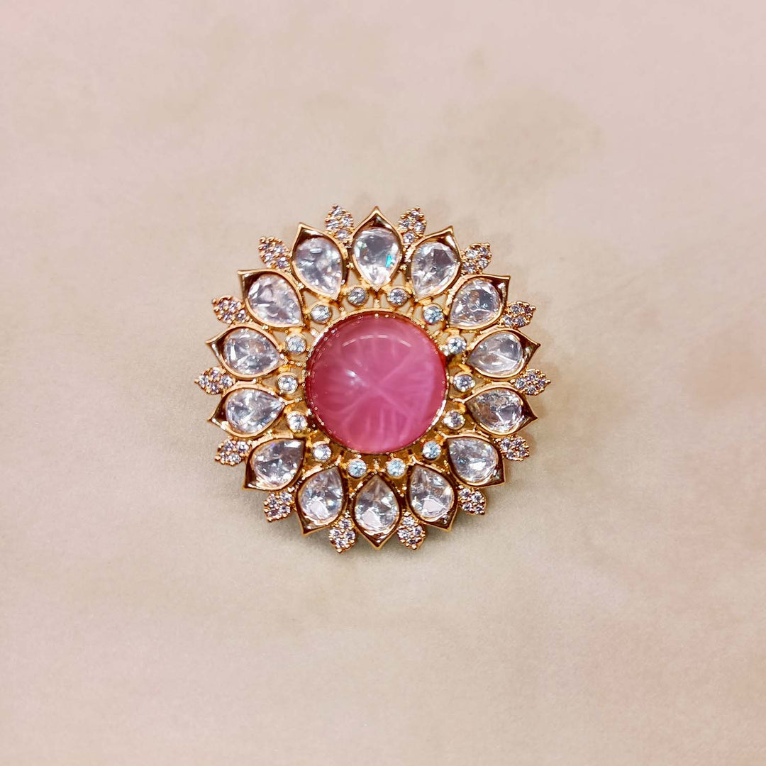 Binita Pink Stone Gold Plated Kundan Ring