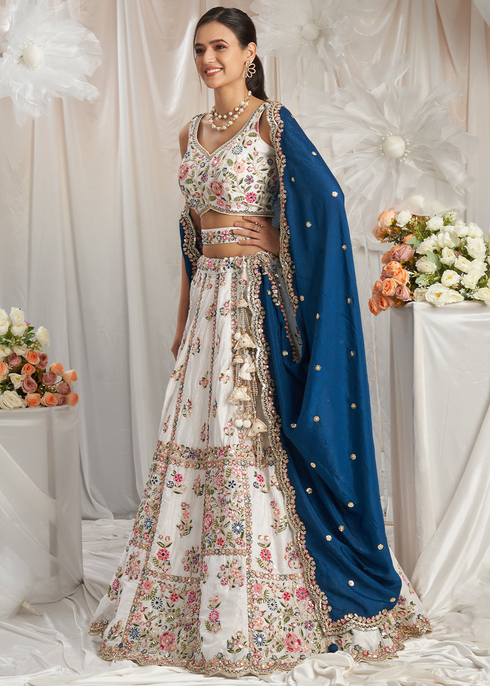 Rice White Georgette Lehenga Choli Adorned with Moti & Sequins Embroidery Work