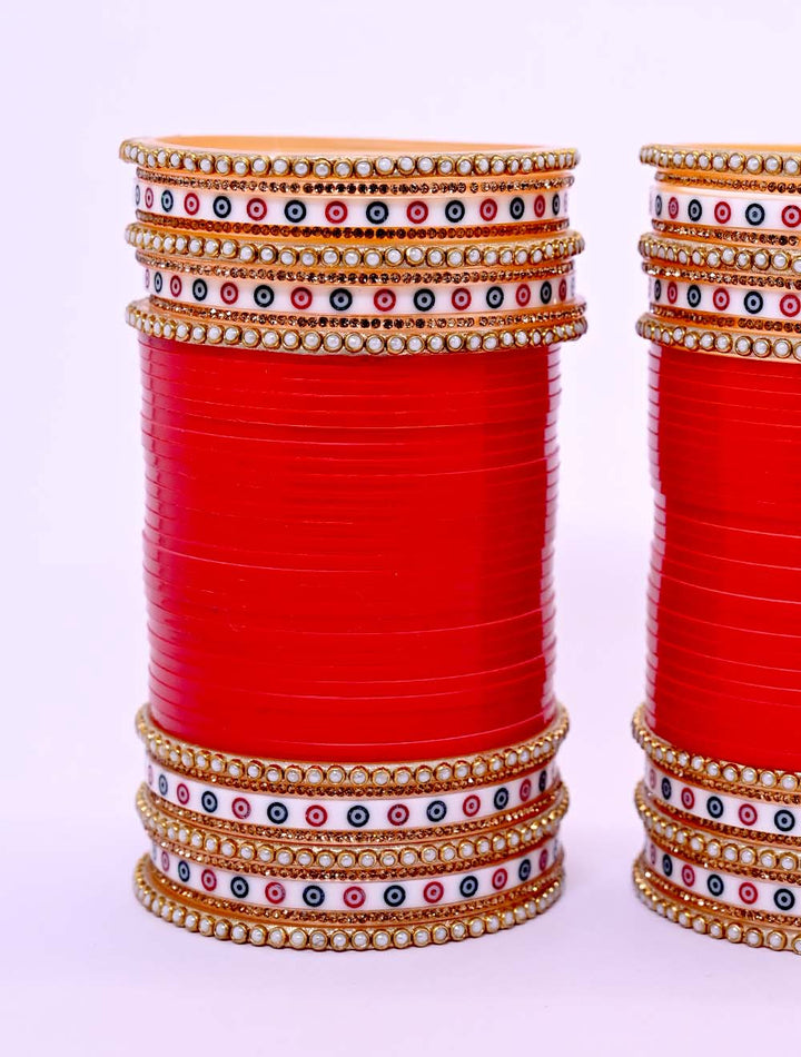 Lavanya Traditional Red Chura With Pearl Bangles And White Meenakari Bangle