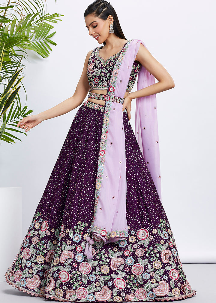 Byzantine Purple Chiffon Lehenga Choli Adorned with Sequins & Thread Embroidery