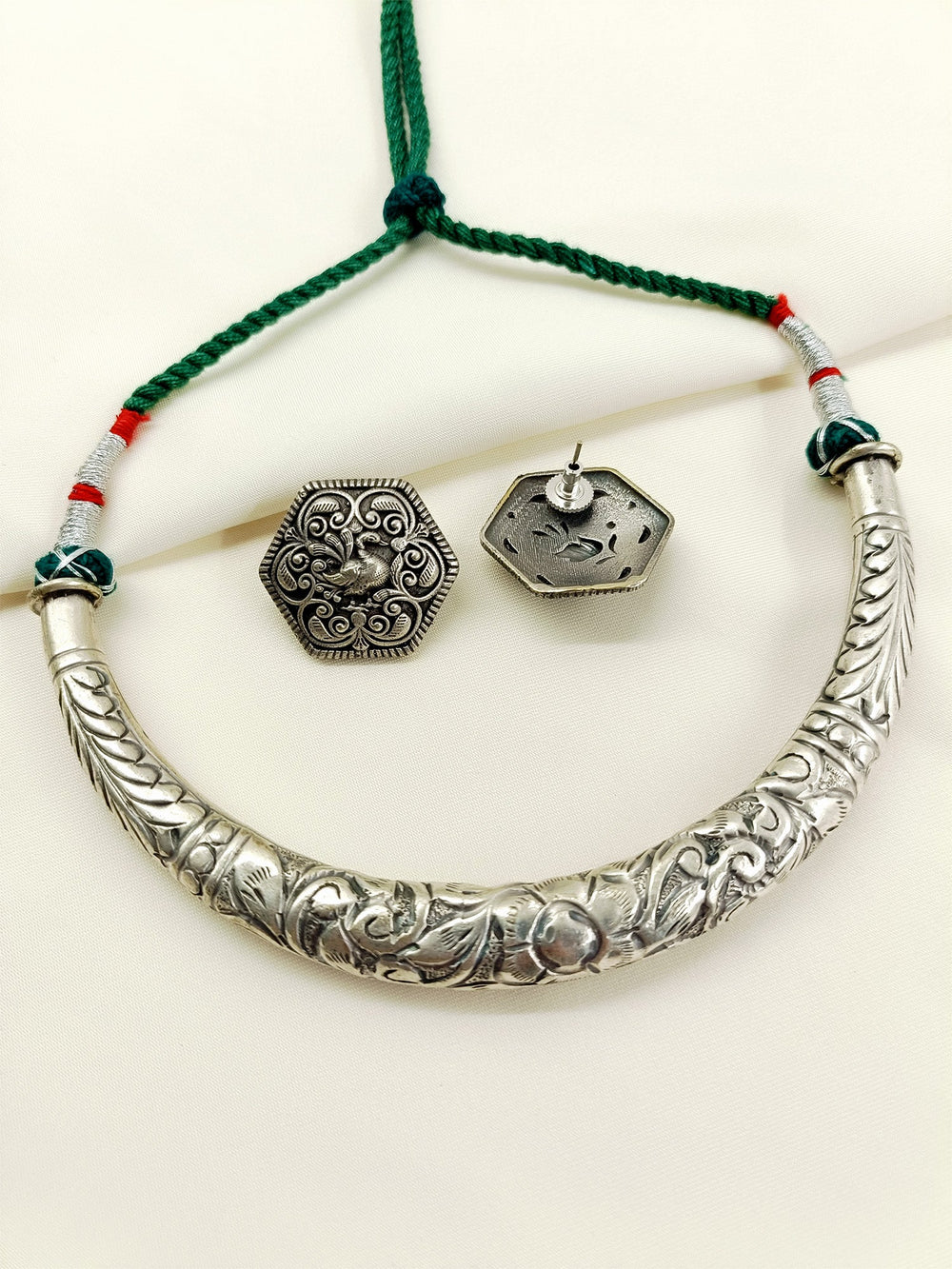 Kavya Green Tribal Oxidized Hasli Choker Set
