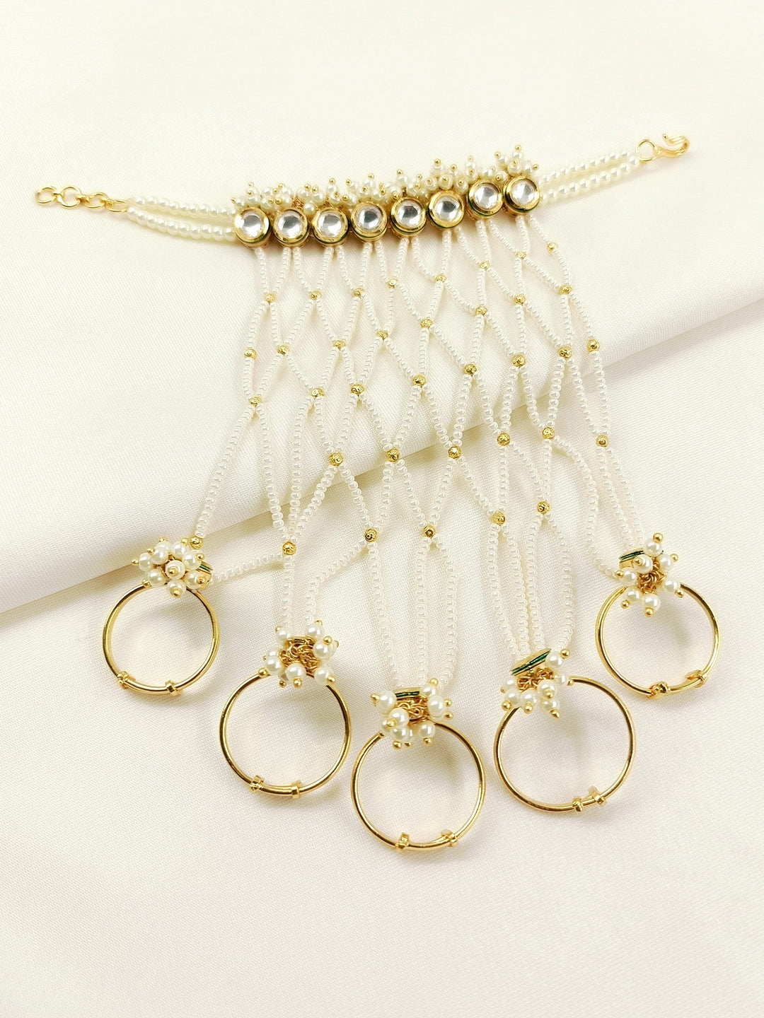 Rageswari White Pearl Kundan Hathphool - Bridal Hand
