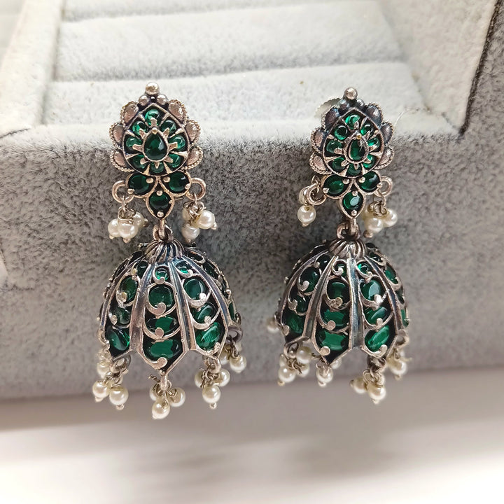 Surveen Silver Oxidised Green Jhumki