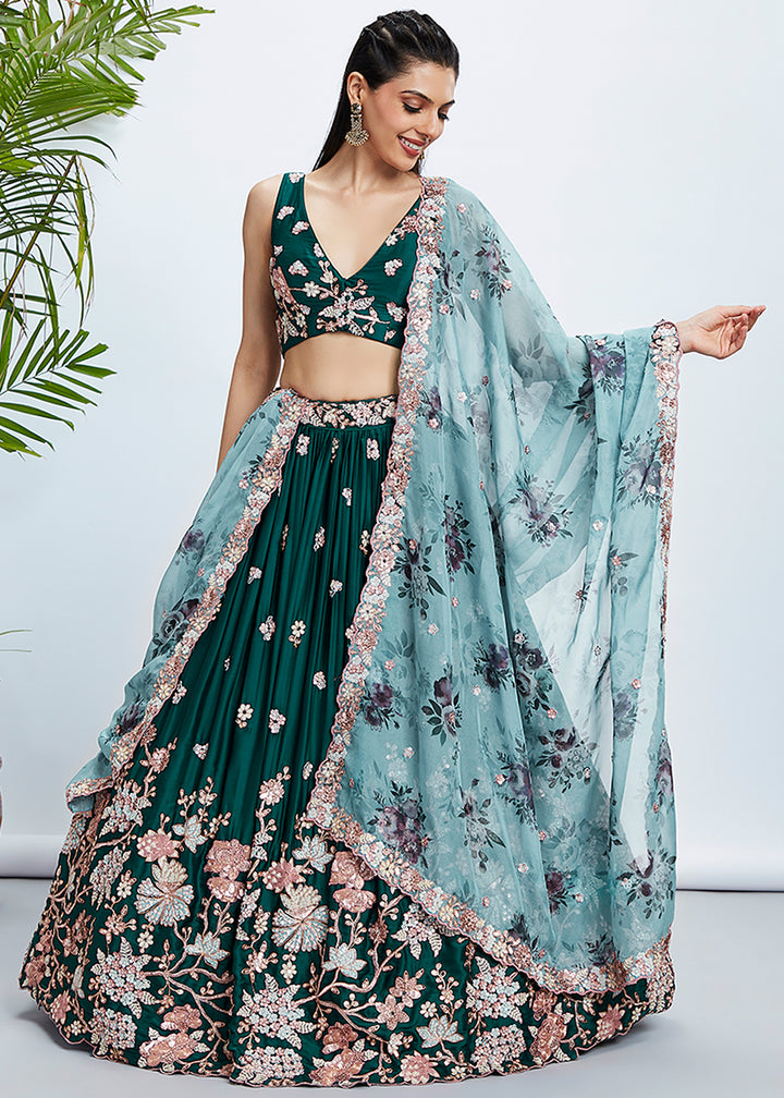 Kaitoke Green Georgette Lehenga Choli Highlighted with Sequins & Thread Embroidery