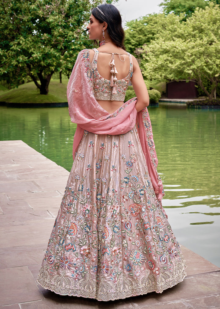 Rose Gold Pink & Purple Organza Lehenga Choli Decorated with Sequins & Mirror Work