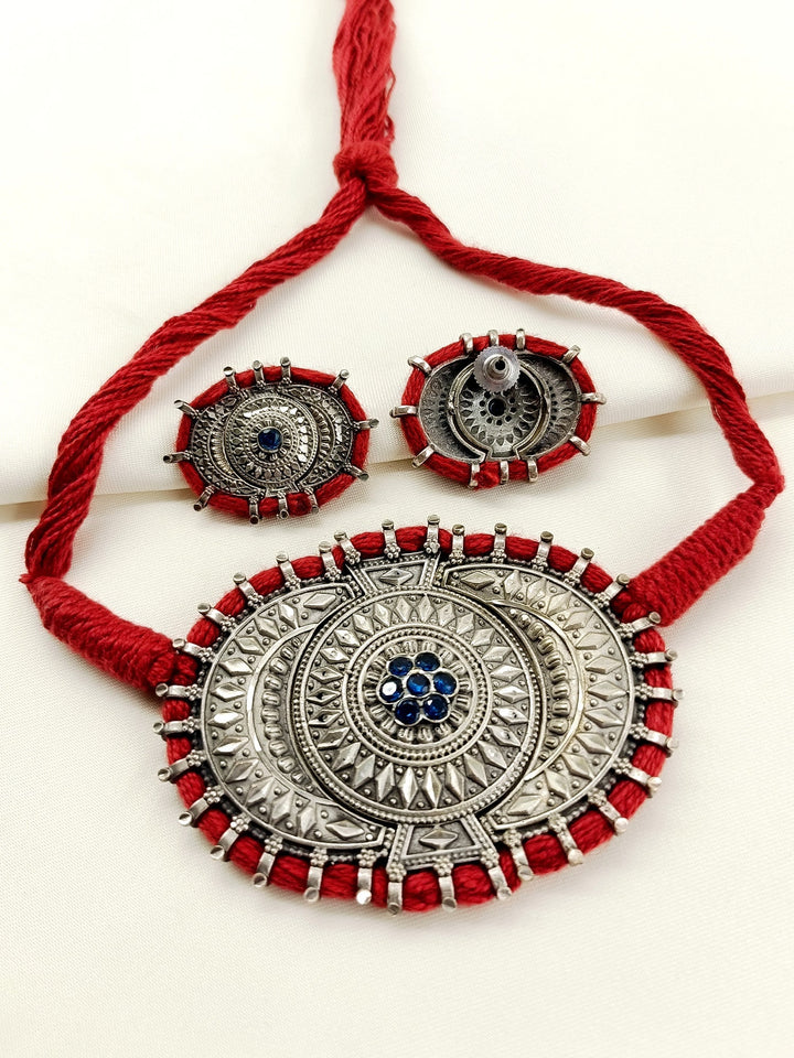 Laila Blue Oxidized Choker Set - Silver Necklace