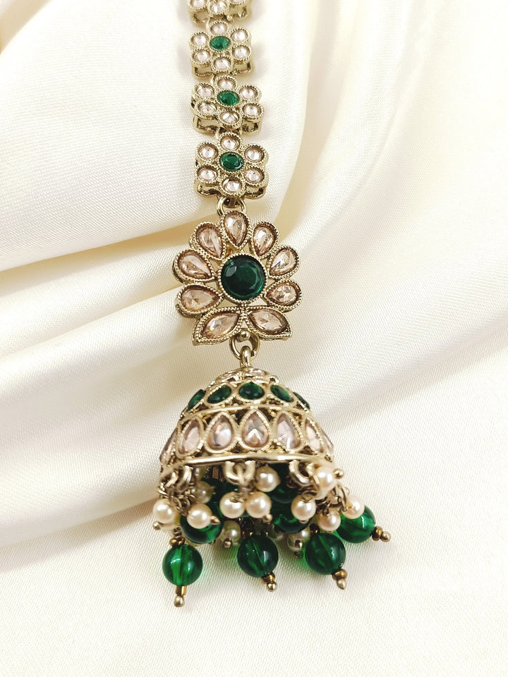 Madhuri Green Polki Jhumki With Sheeshpatti