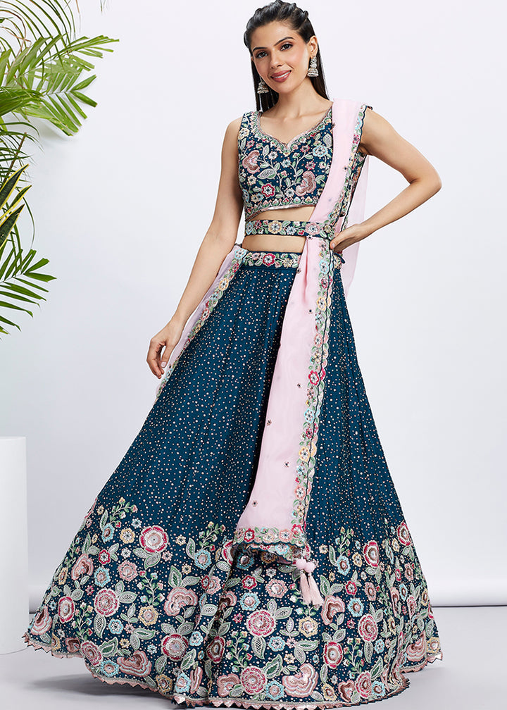 Prussian Blue Chiffon Lehenga Choli Adorned with Sequins & Thread Embroidery