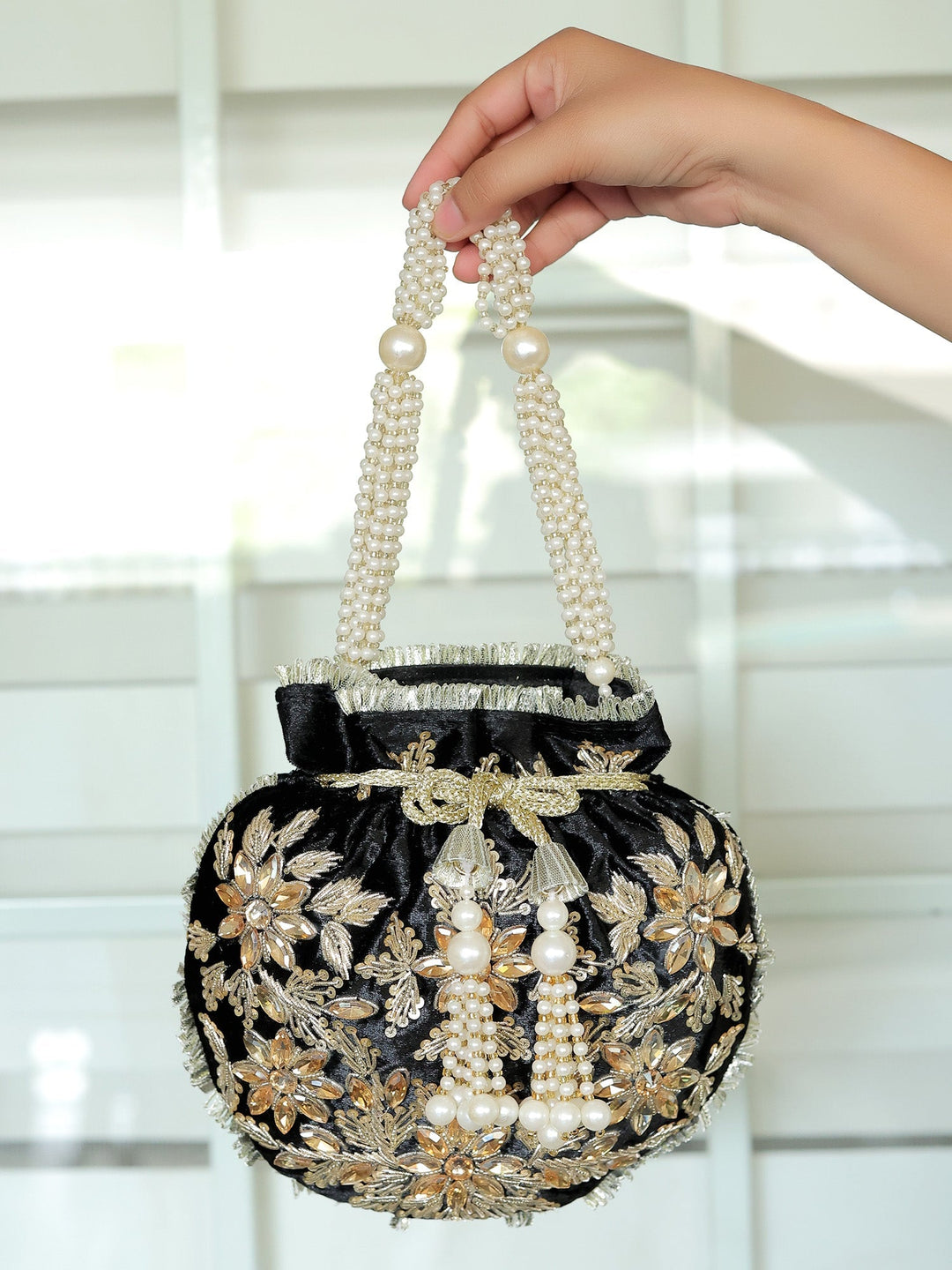 Snehita Black Potli Bag - Fabric With Dori Work