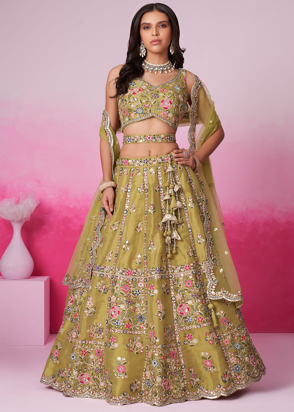 Mustard Green Net Lehenga Choli Adorned with Moti & Sequins Embroidery Work