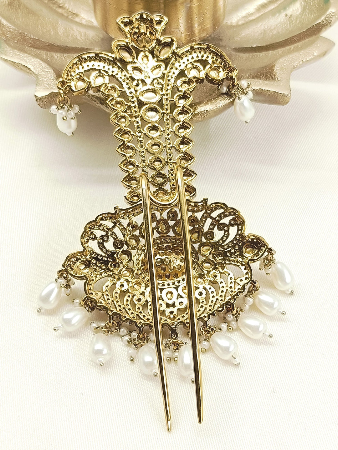 Vedant White Dulha Kalgi - Antique Gold Bridal Ornament