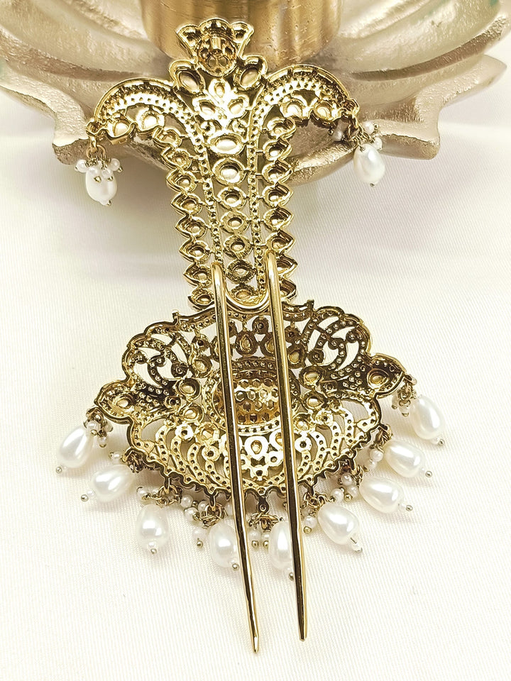 Vedant White Dulha Kalgi - Antique Gold Bridal Ornament