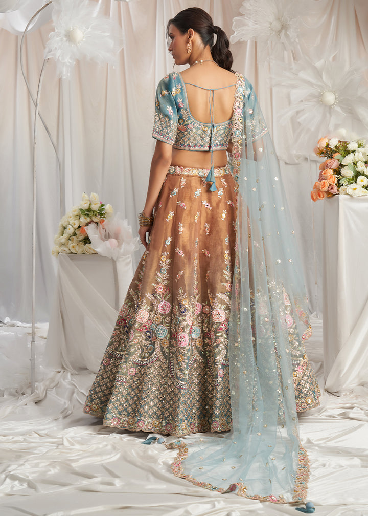 Mustard Yellow & Blue Net Lehenga Choli Adnored with Pearl & Gotapatti Embroidery work: The Bride's Edit