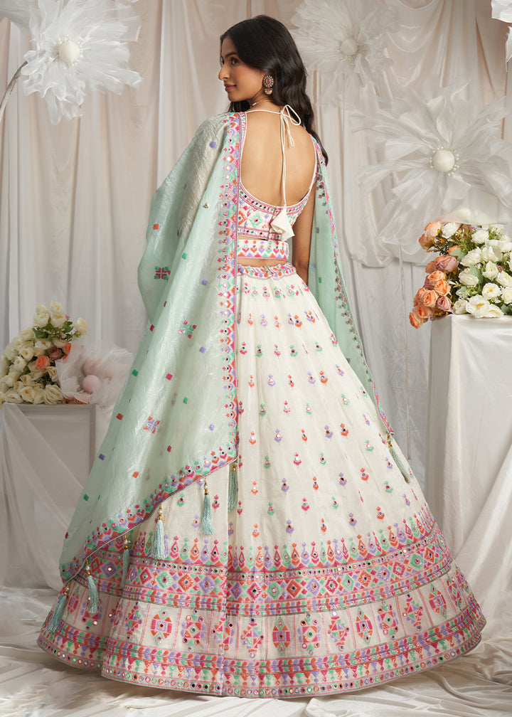 Cream White Organza Lehenga Choli Adorned with Sequins & Mirror Embroidery