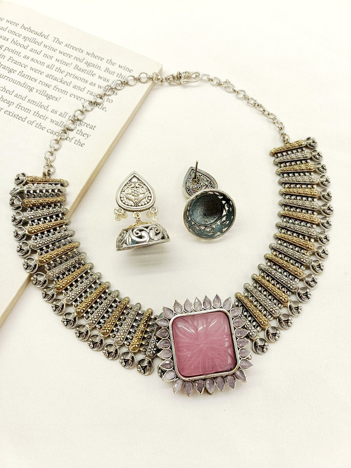 Jagriti Baby Pink Oxidized Necklace Set