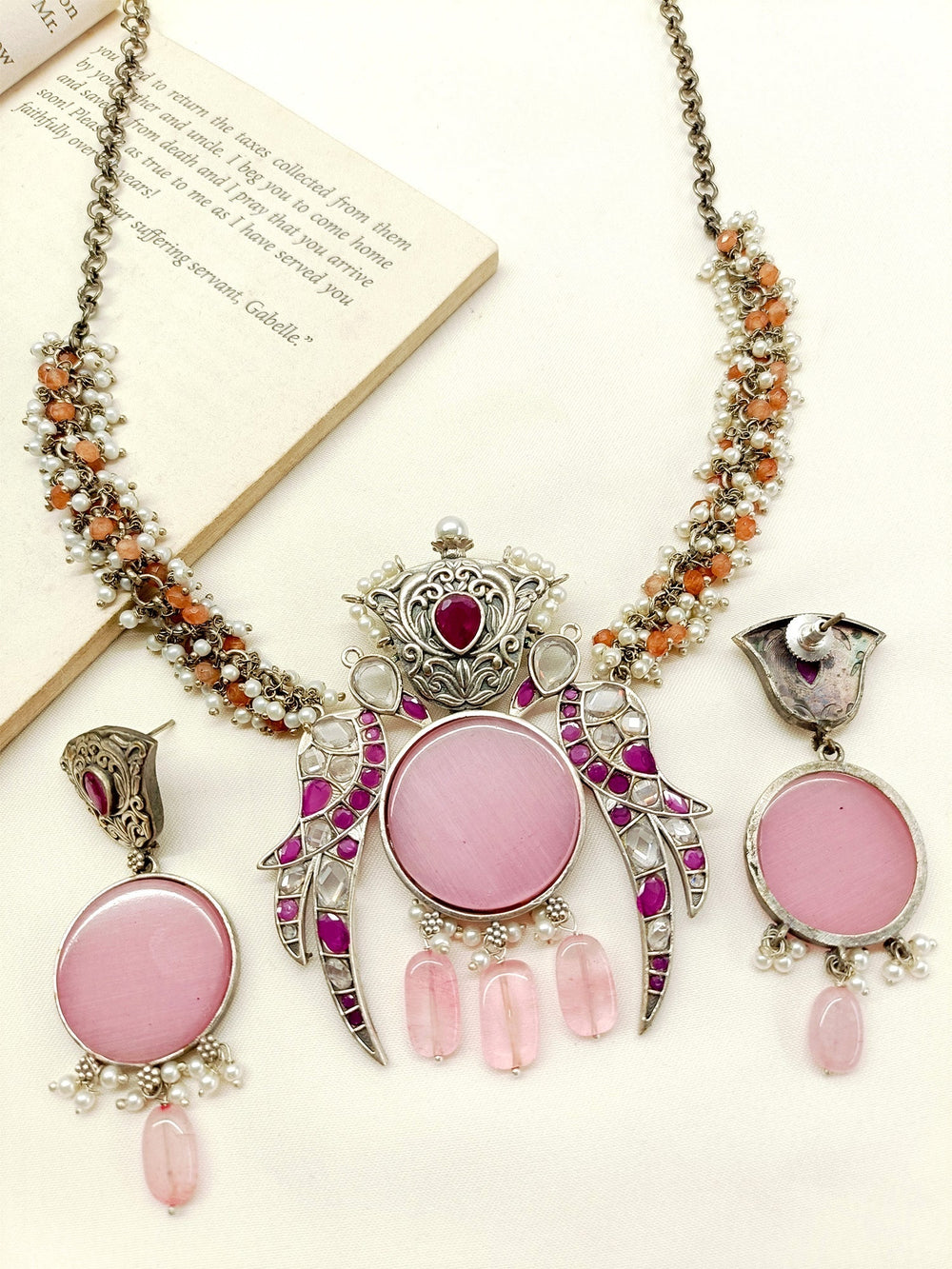 Visha Baby Pink Oxidized Pendant Set