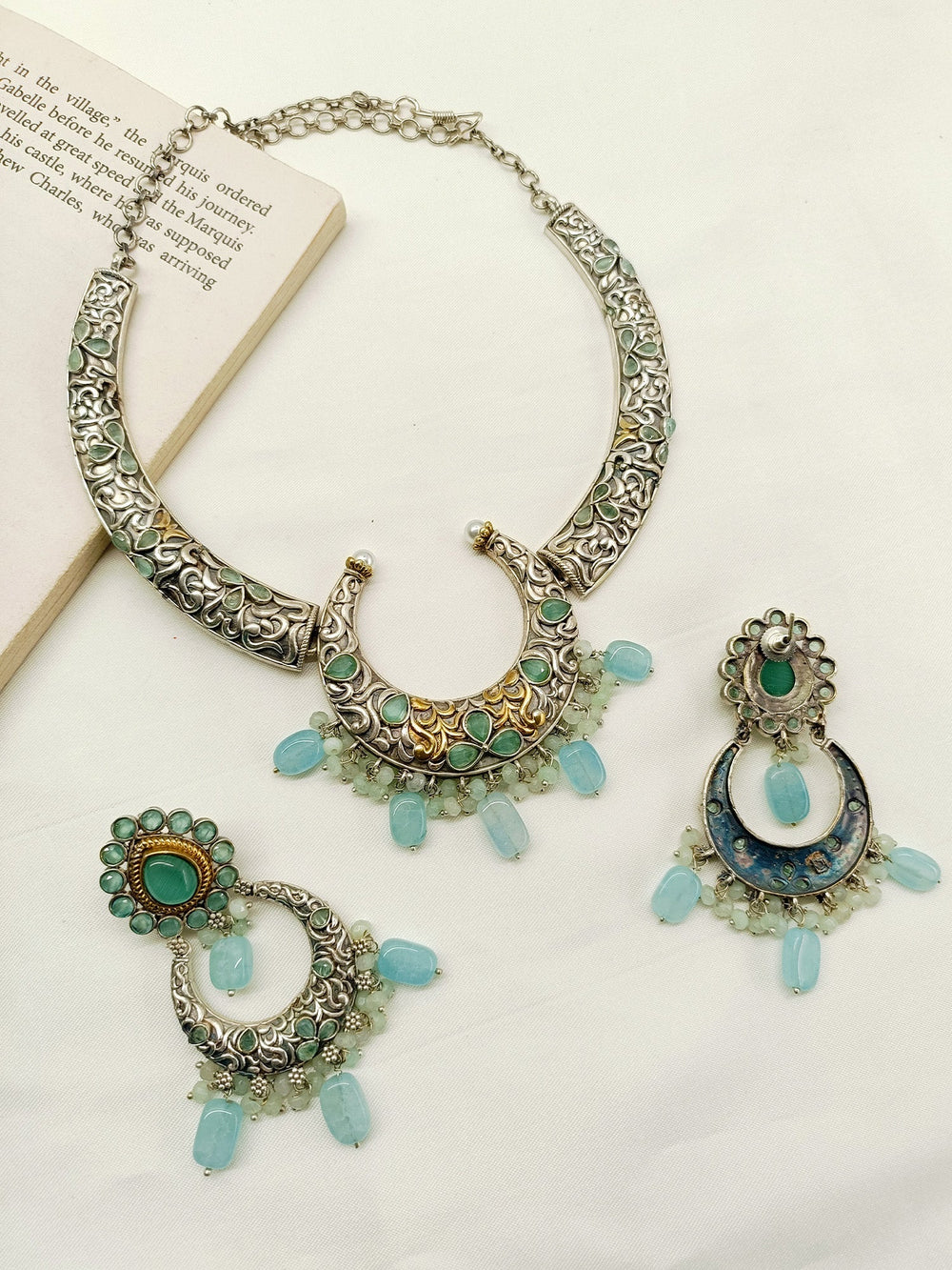 Anjalika Mint Green Oxidized Necklace Set