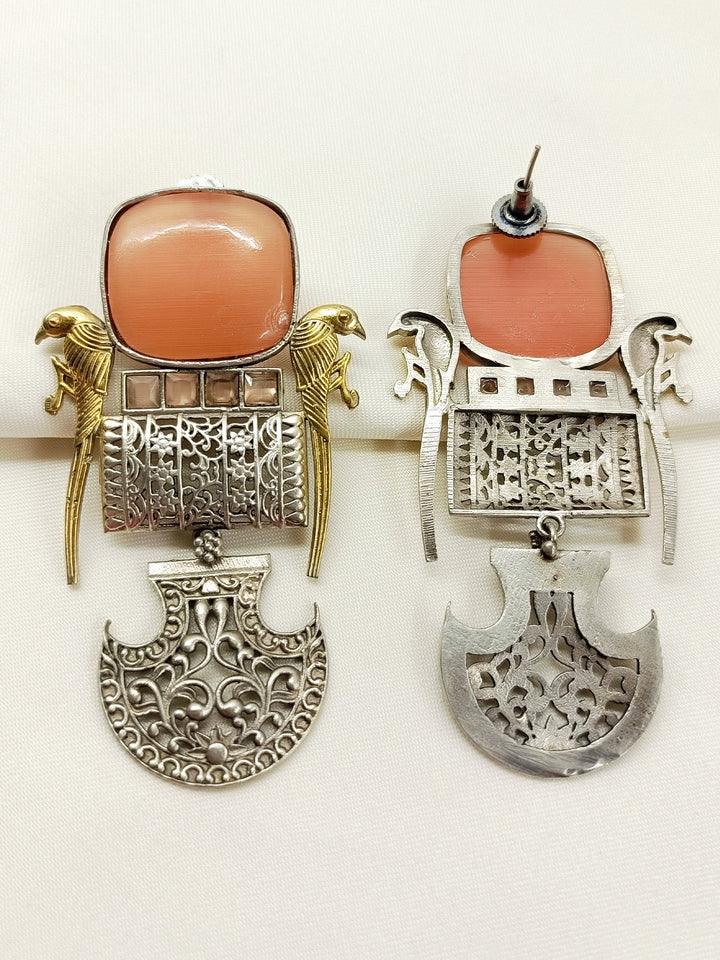 Taru Orange Oxidized Earring - 8 cm Silver Dangler