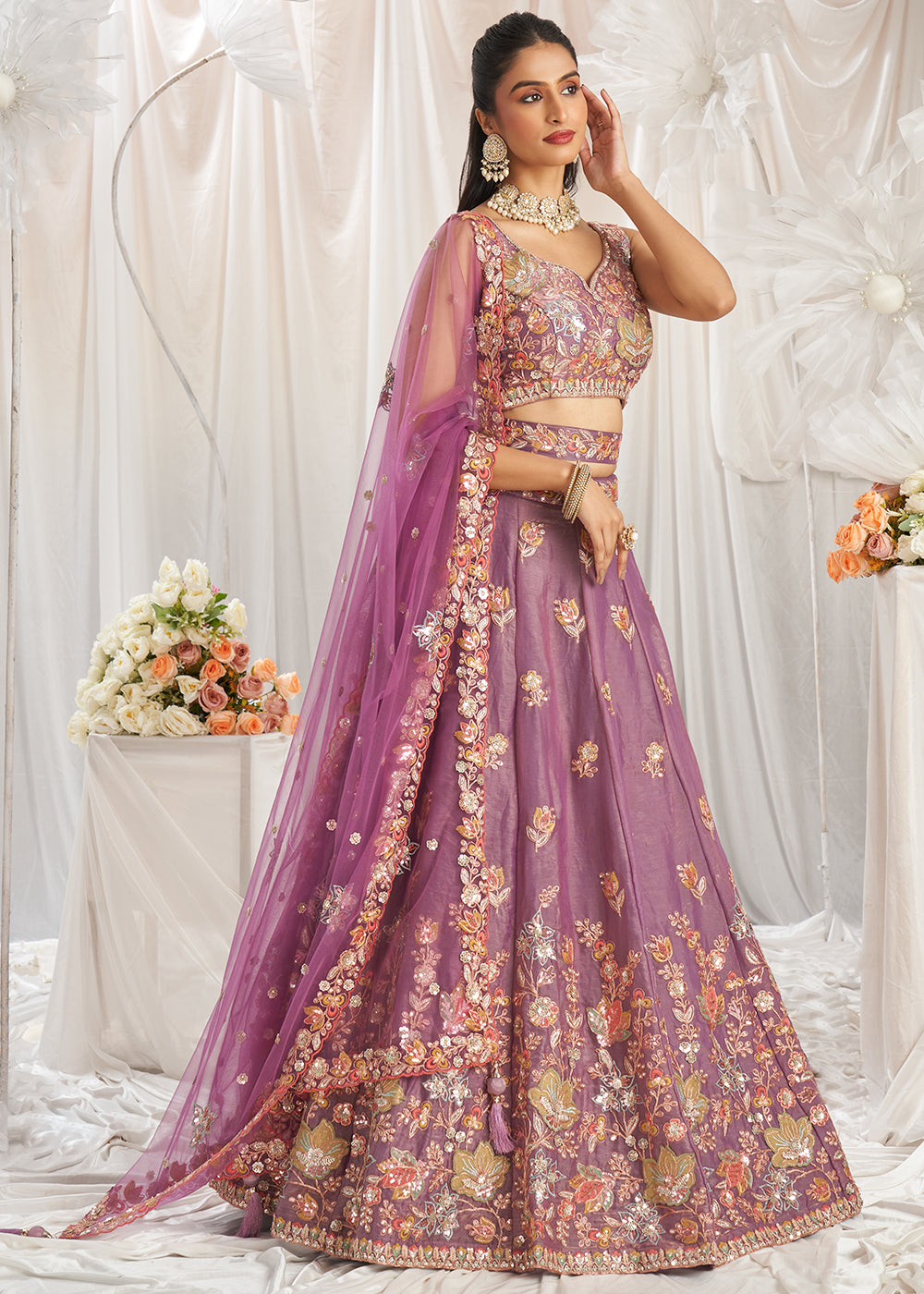 Lilac Purple Organza Lehenga Choli Adorned with Sequins Embroidery Work