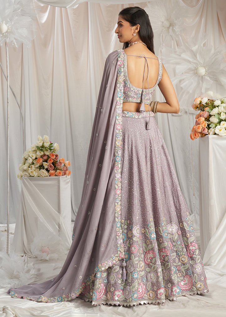 Periwinkle Purple Chiffon Lehenga Choli Adorned with Sequins & Thread Embroidery