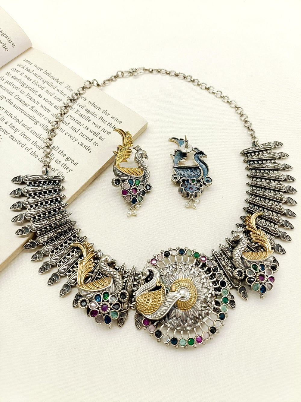 Disuza Multi Colour Peacock Oxidized Necklace Set