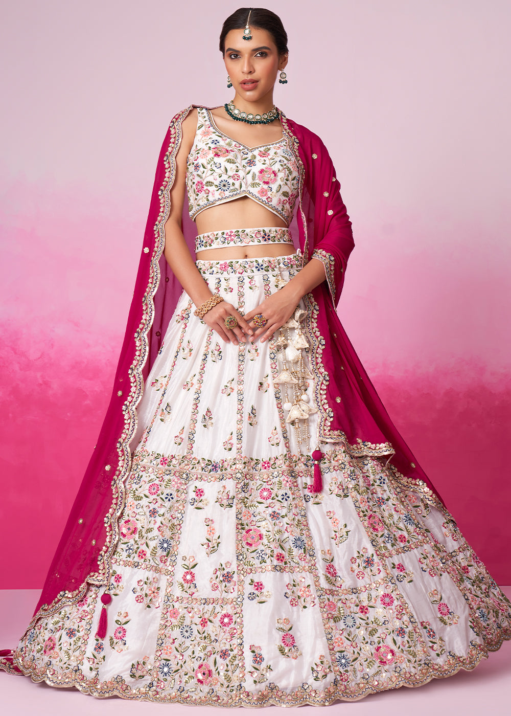 Pearl White Georgette Lehenga Choli Adorned with Moti & Sequins Embroidery Work