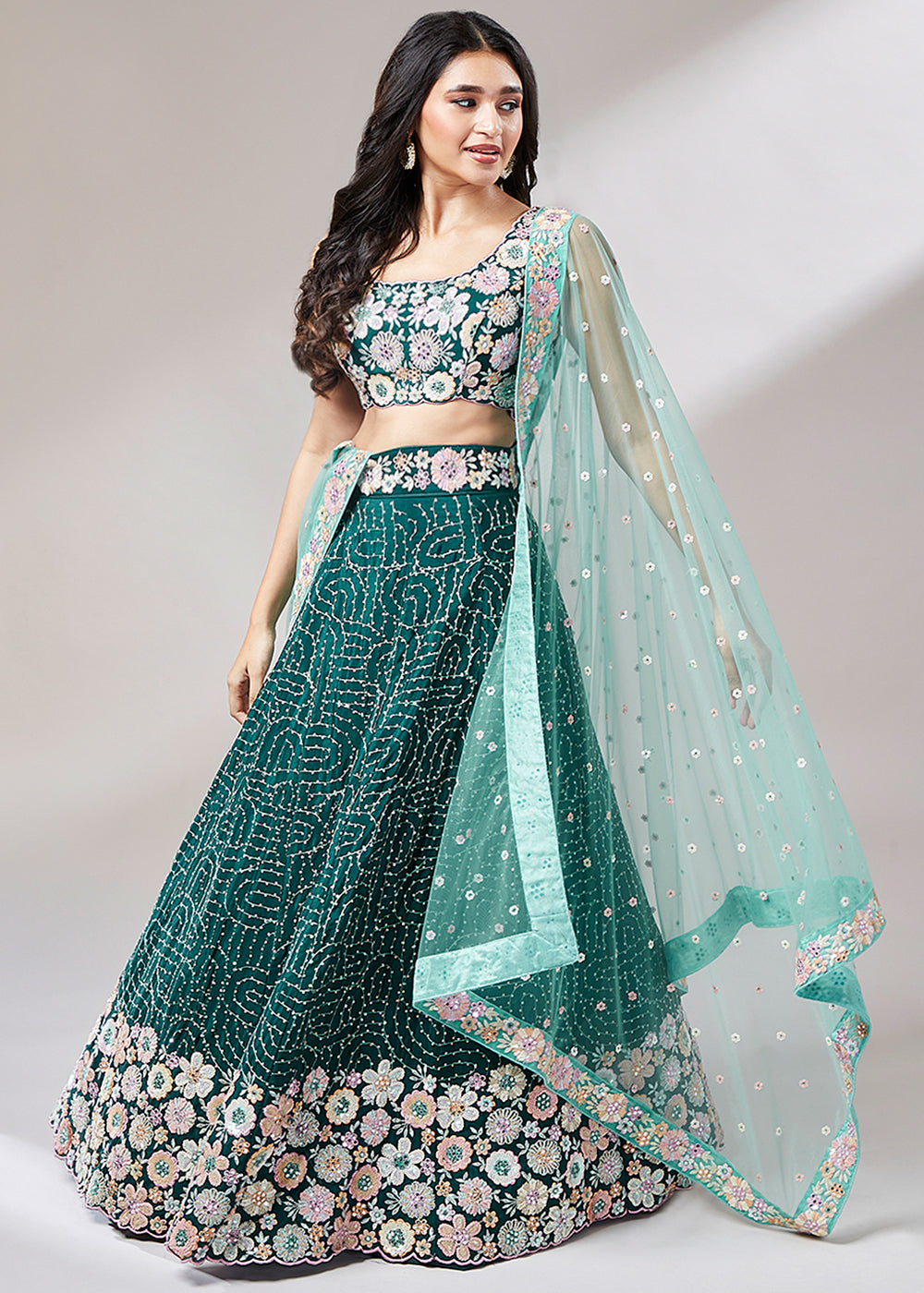 Midnight Green Georgette Lehenga Choli Highlighted with heavy Sequins Embroidery