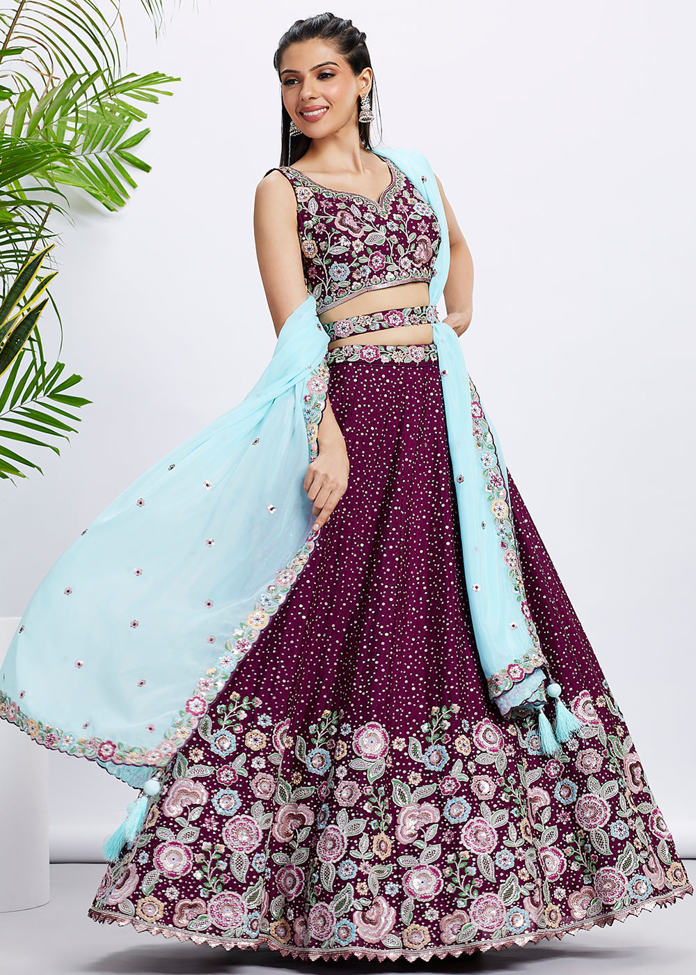 Jam Purple Chiffon Lehenga Choli Adorned with Sequins & Thread Embroidery