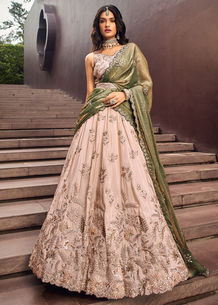 Pink & Green Viscose Rayon Lehenga Choli Adorned with Sequins Embroidery Work