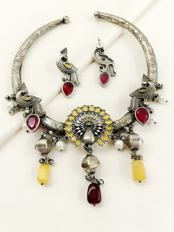 Padmavati Yellow Peacock Oxidized Hasli Style Necklace Set