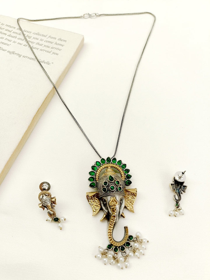 Arika Green Ganesh Ji Oxidized Pendant Set