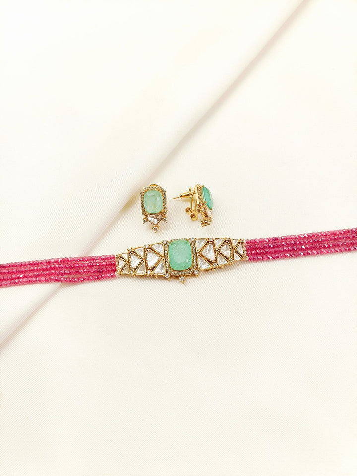 Naincy Mint Green &amp; Pink Beaded Kundan Choker Set