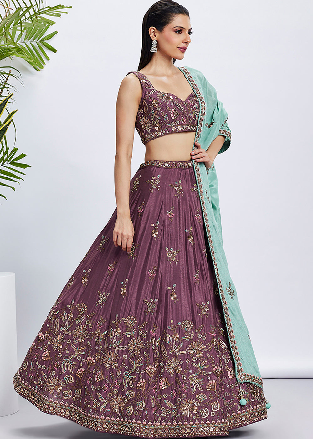 Damson Purple Chiffon Lehenga Choli Adorned with Sequins & Thread Embroidery