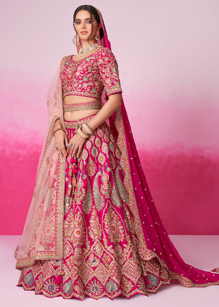 Hot Pink Silk Lehenga Choli Adorned with Moti & Sequins Embroidery Work: Bridal Collection