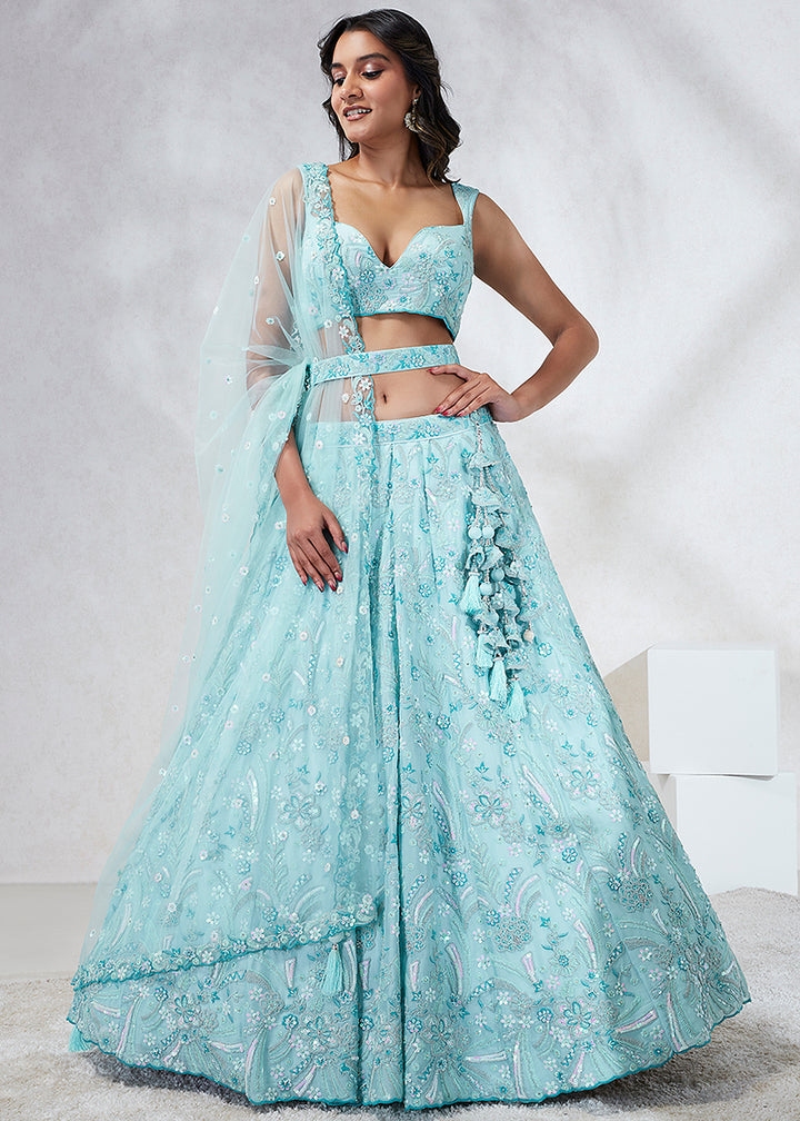 Shades Of Blue Georgette Lehenga Choli Highlighted with Sequins & Thread Embroidery