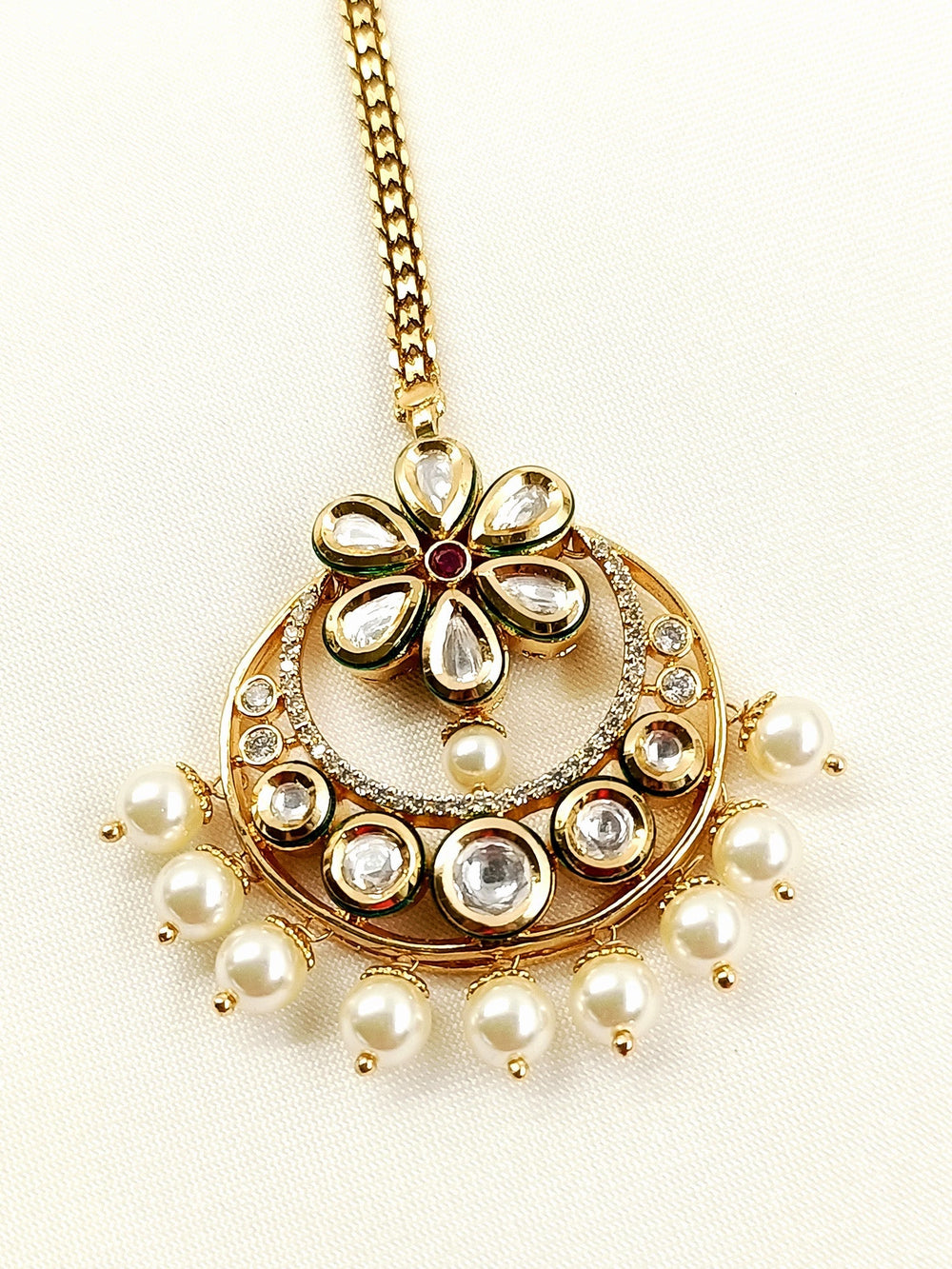 Vidya White Pearl Kundan Teeka - 13.5cm Gold-Plated Bridal
