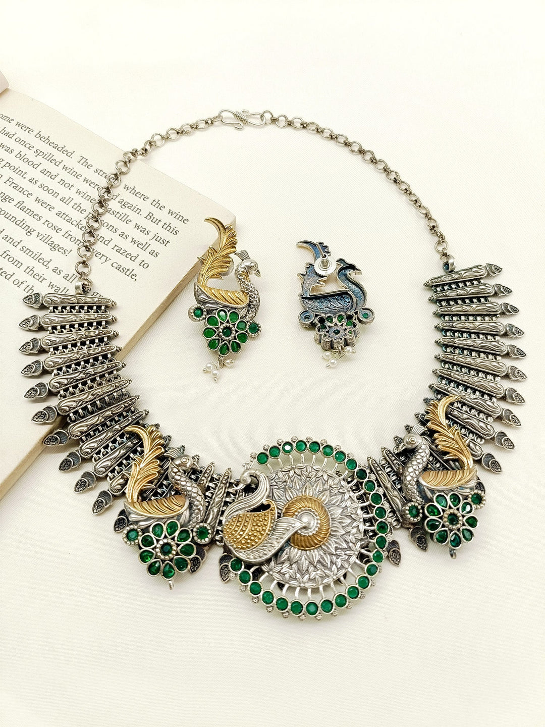 Honey Comb Green Peacock Oxidized Necklace Set