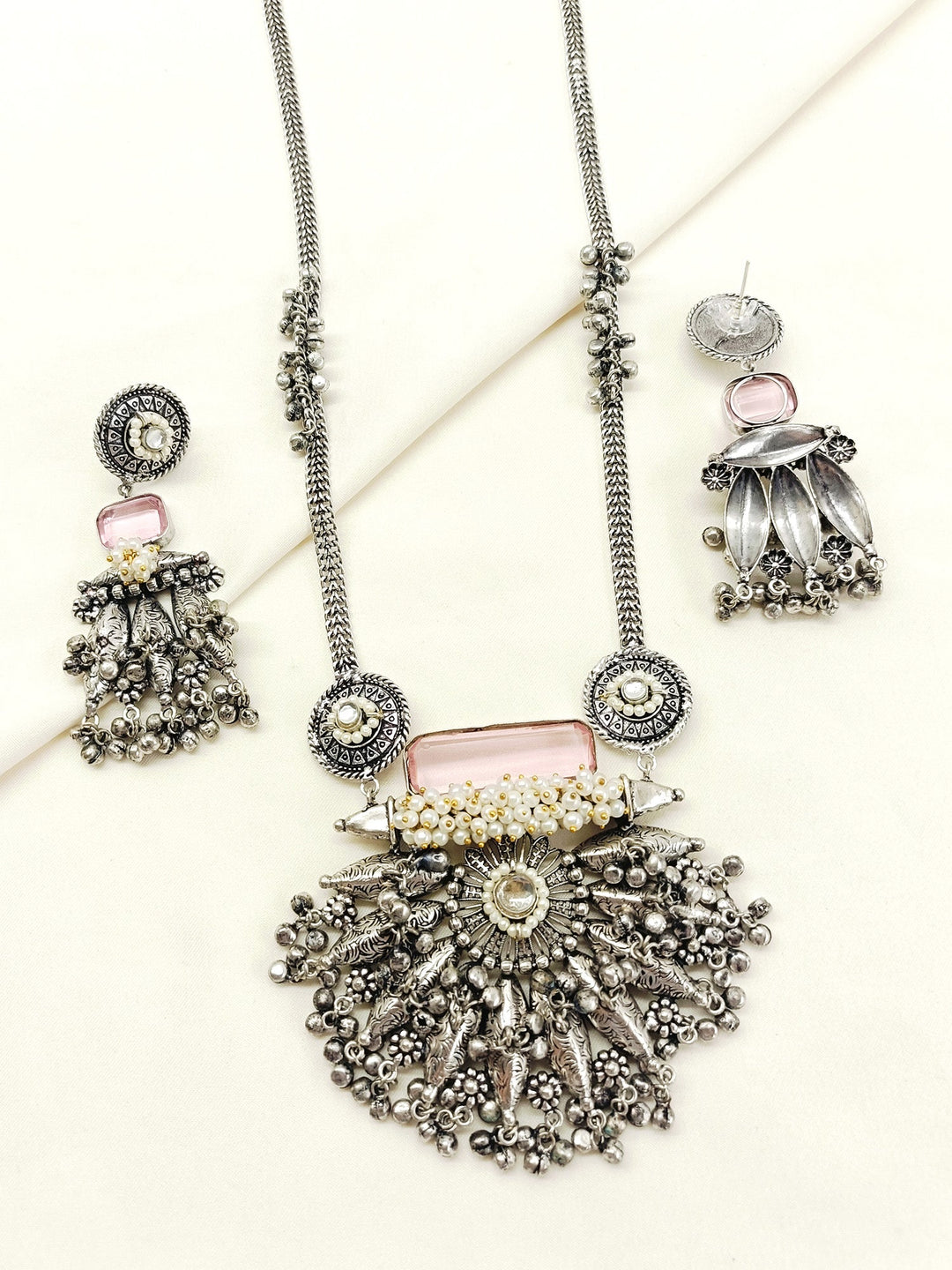 Piya Baby Pink Oxidized Pendant Set