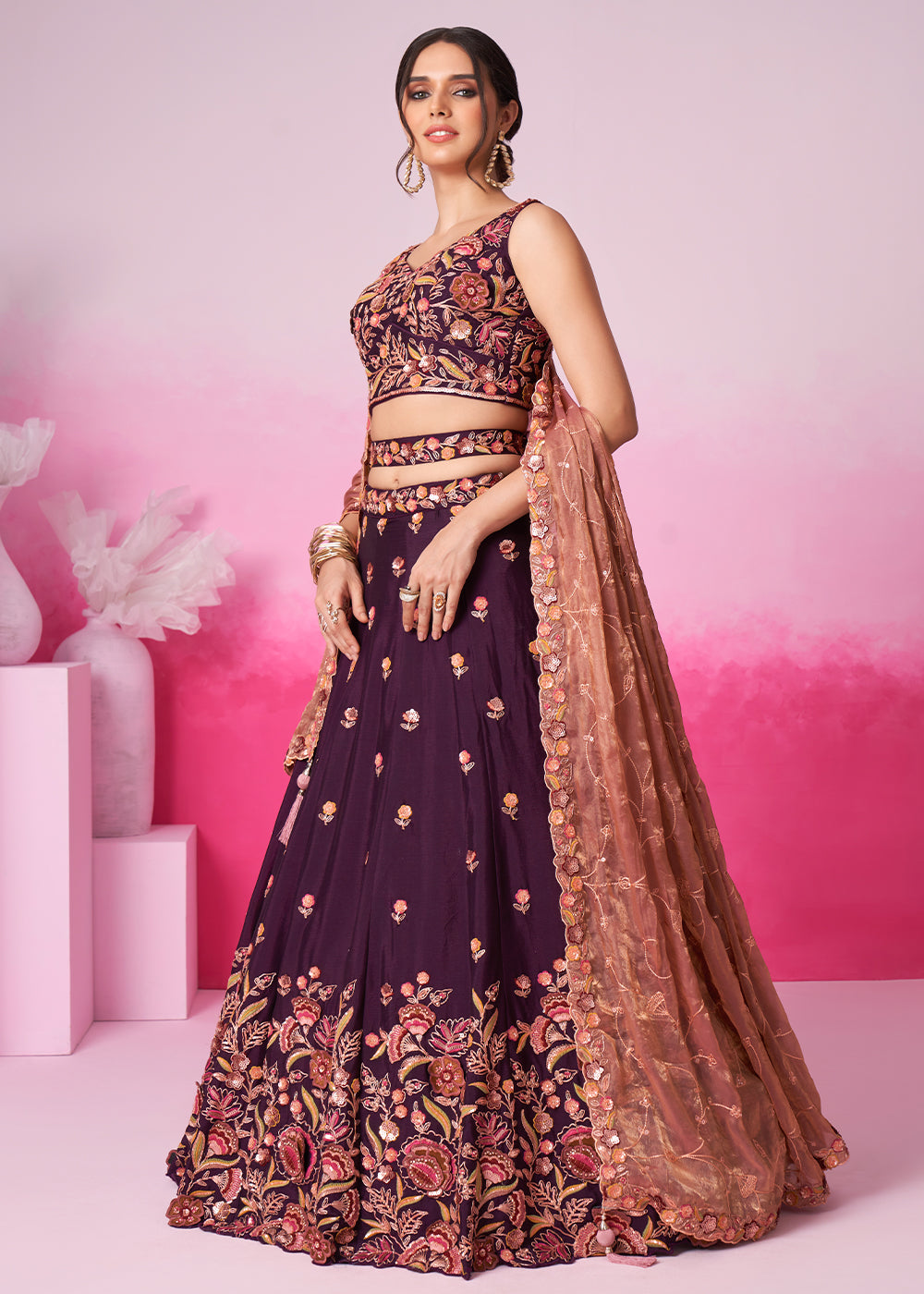 Eggplant Purple Chiffon Lehenga Choli Adorned with Sequins Embroidery Work