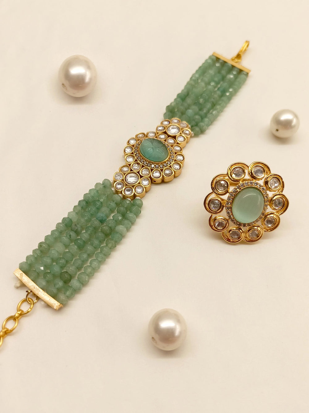 Roselle Kundan Bracelet With Finger Ring