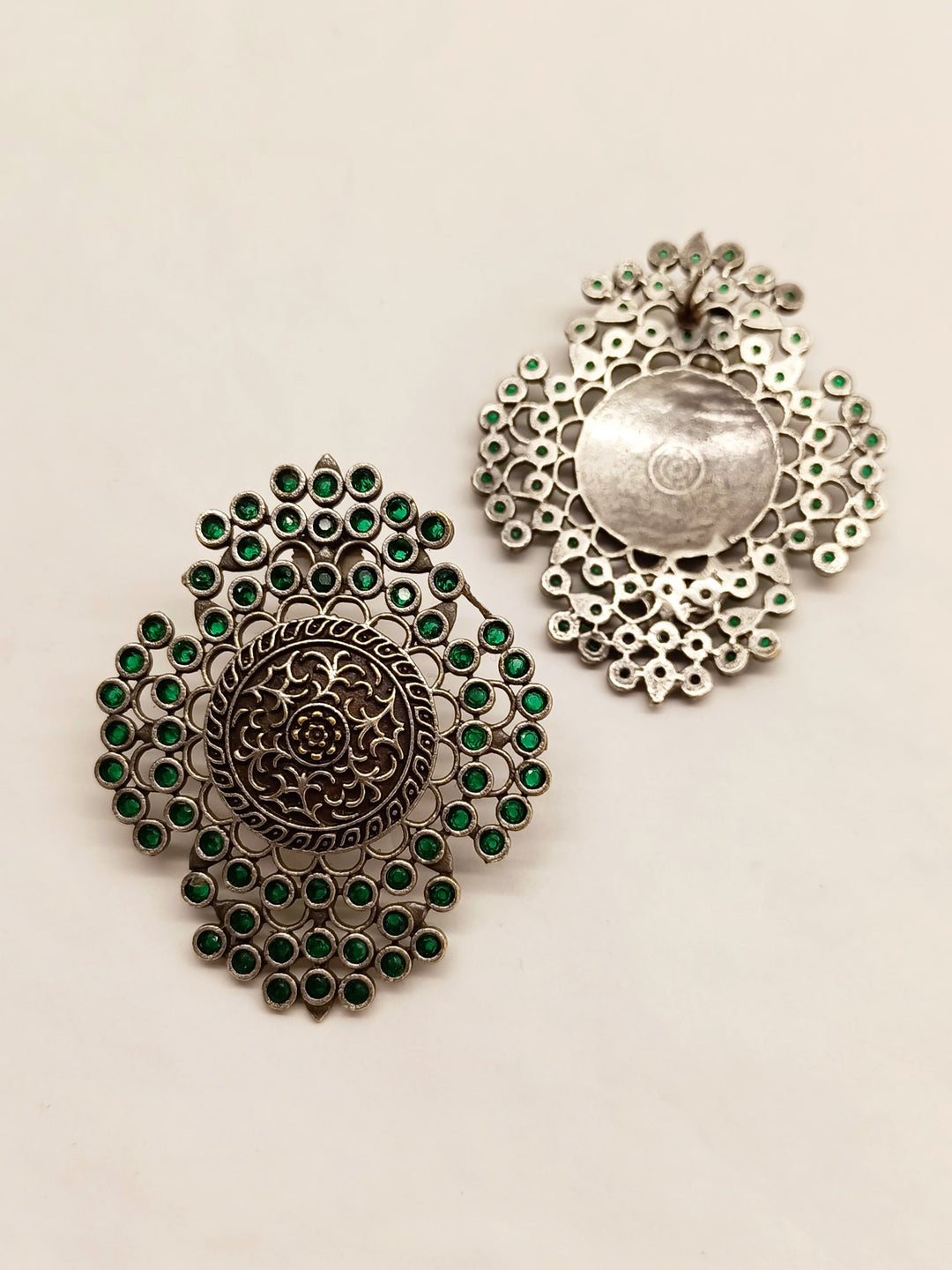 Mehru Big Oxidised Stud Earrings In Green