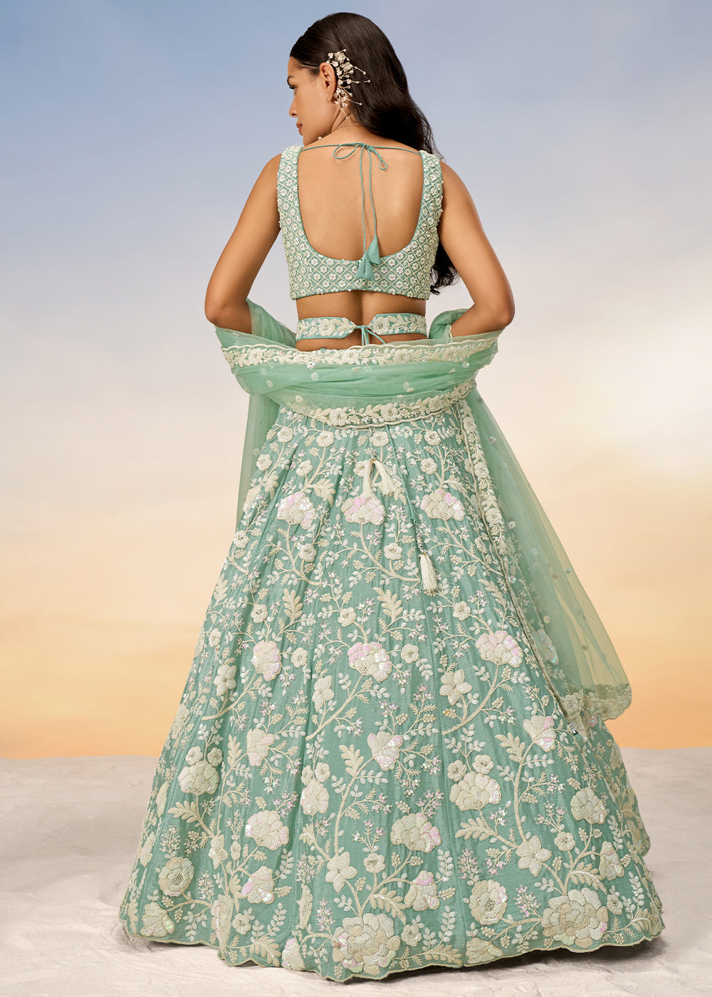 Pastel Green Georgette Lehenga Choli Highlighted with Sequins & Zarkan Embroidery