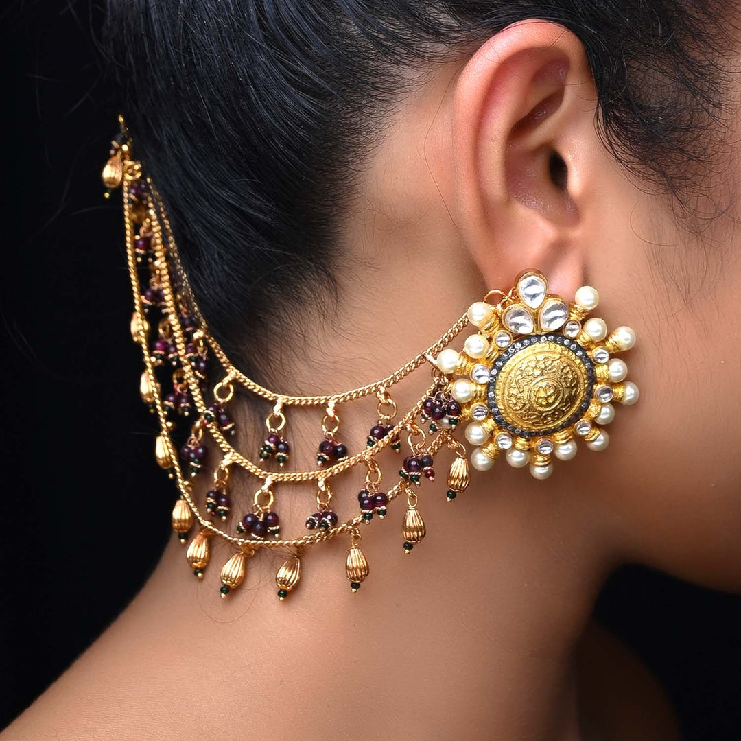 Tanishq Maroon & Green Antique Gold Ear Chain