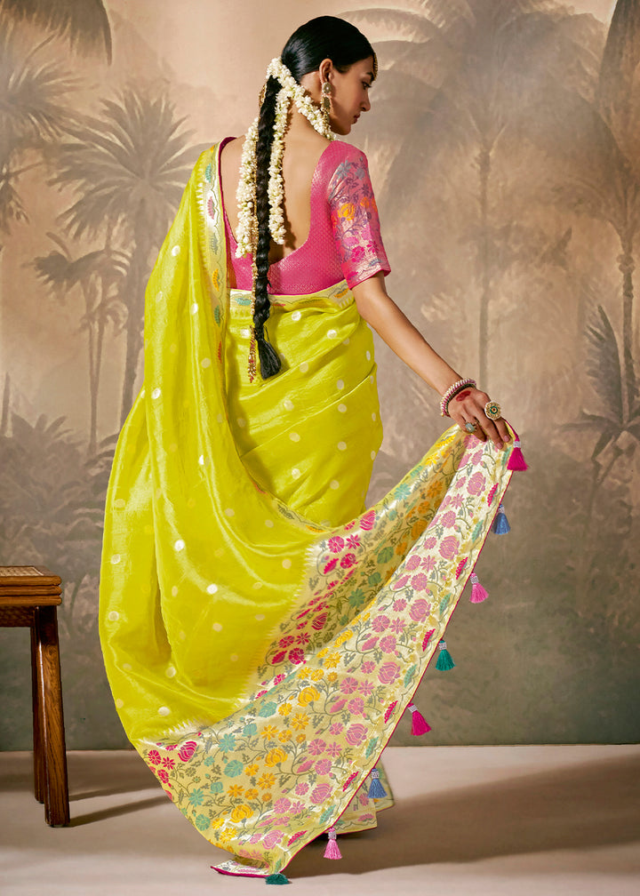 Vibrant Yellow Munga Silk Saree with Intricate Floral Motifs